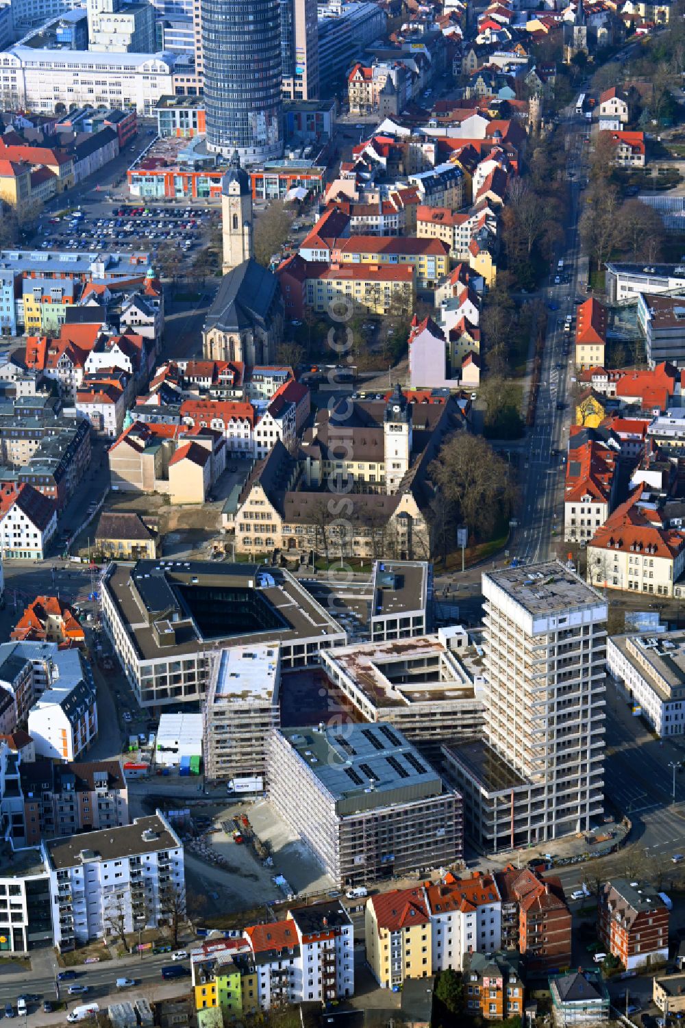 Aerial image Jena - Complementary new construction site on the campus-university building complex Campus Inselplatz on Loebdegraben - Steinweg in Jena in the state Thuringia, Germany