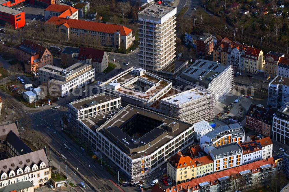 Jena from the bird's eye view: Complementary new construction site on the campus-university building complex Campus Inselplatz on Loebdegraben - Steinweg in Jena in the state Thuringia, Germany