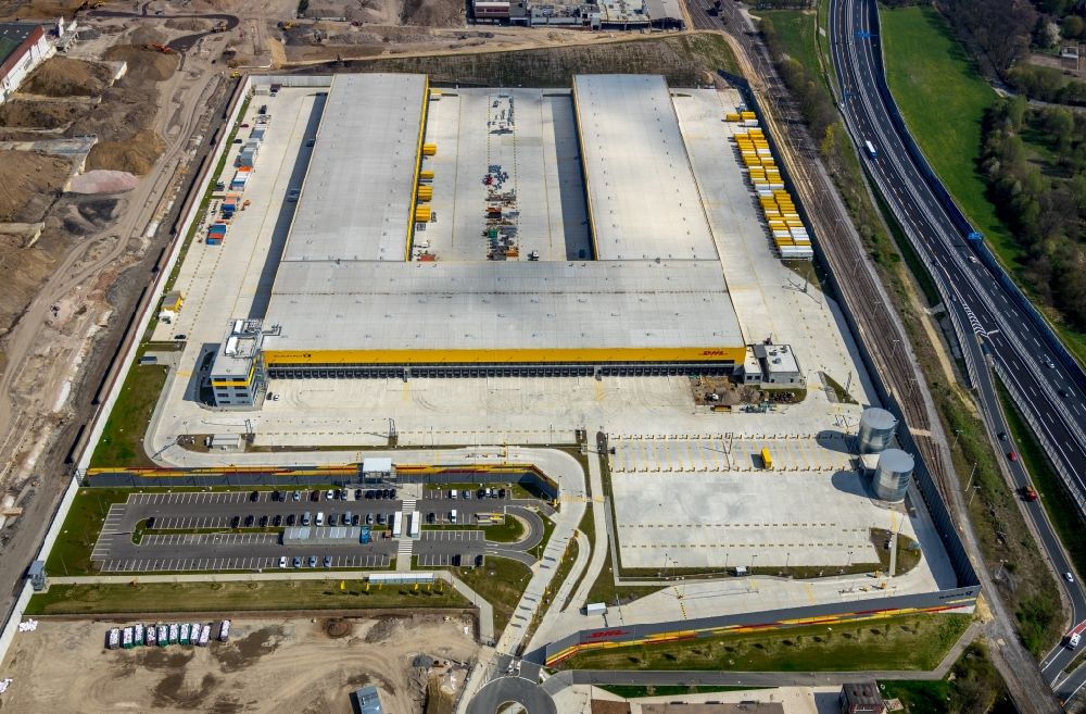 Bochum from the bird's eye view: New building complex of DHL parcel and logistics center in the development area MARK 51A?7 in Bochum in the state North Rhine-Westphalia, Germany