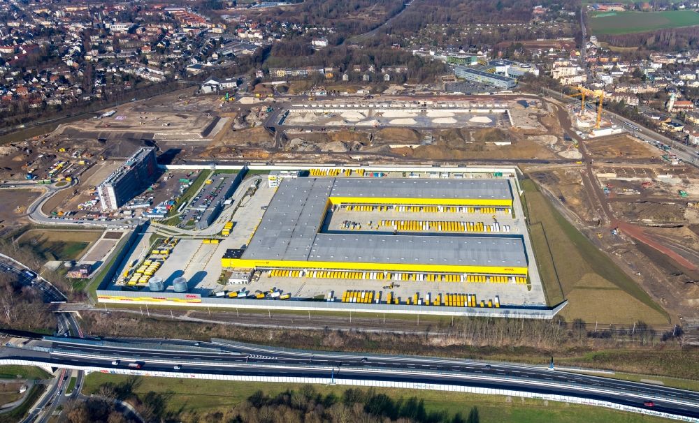 Bochum from the bird's eye view: New building complex of DHL parcel and logistics center in the development area MARK 51A?7 in Bochum in the state North Rhine-Westphalia, Germany