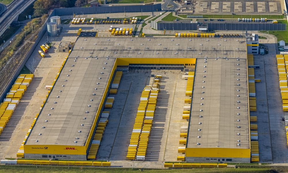 Bochum from above - New building complex of DHL parcel and logistics center in the development area MARK 51A7 in Bochum in the state North Rhine-Westphalia, Germany