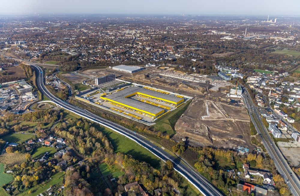 Bochum from the bird's eye view: New building complex of DHL parcel and logistics center in the development area MARK 51A7 in Bochum in the state North Rhine-Westphalia, Germany