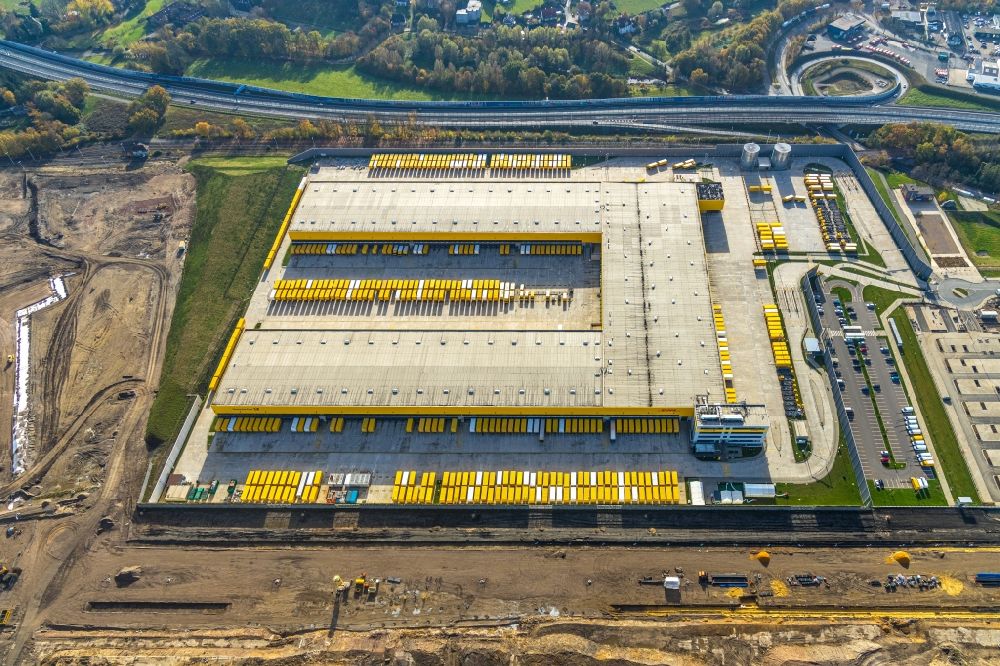 Bochum from above - New building complex of DHL parcel and logistics center in the development area MARK 51A7 in Bochum in the state North Rhine-Westphalia, Germany