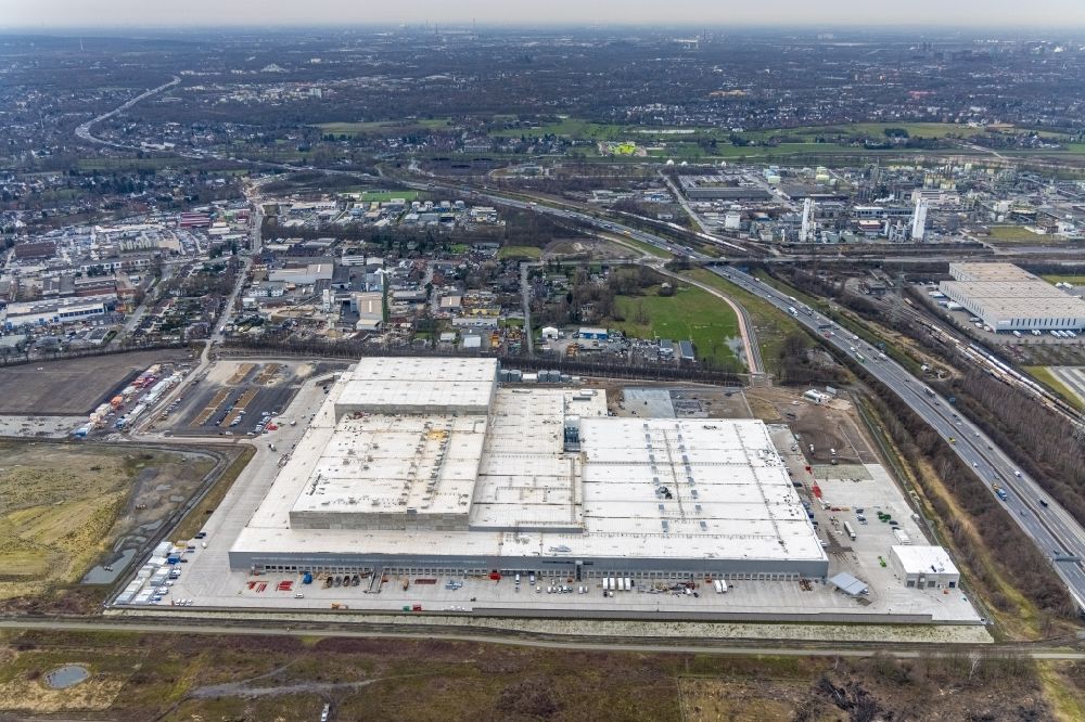 Aerial image Oberhausen - Construction site for a warehouse and forwarding building of Edeka-Zentrallager on Waldteichstrasse in Gewerbegebiet Weierheide in Oberhausen at Ruhrgebiet in the state North Rhine-Westphalia, Germany