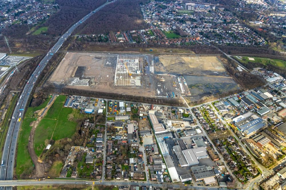 Aerial photograph Oberhausen - Construction site for a warehouse and forwarding building of Edeka-Zentrallager on Waldteichstrasse in Gewerbegebiet Weierheide in Oberhausen in the state North Rhine-Westphalia, Germany