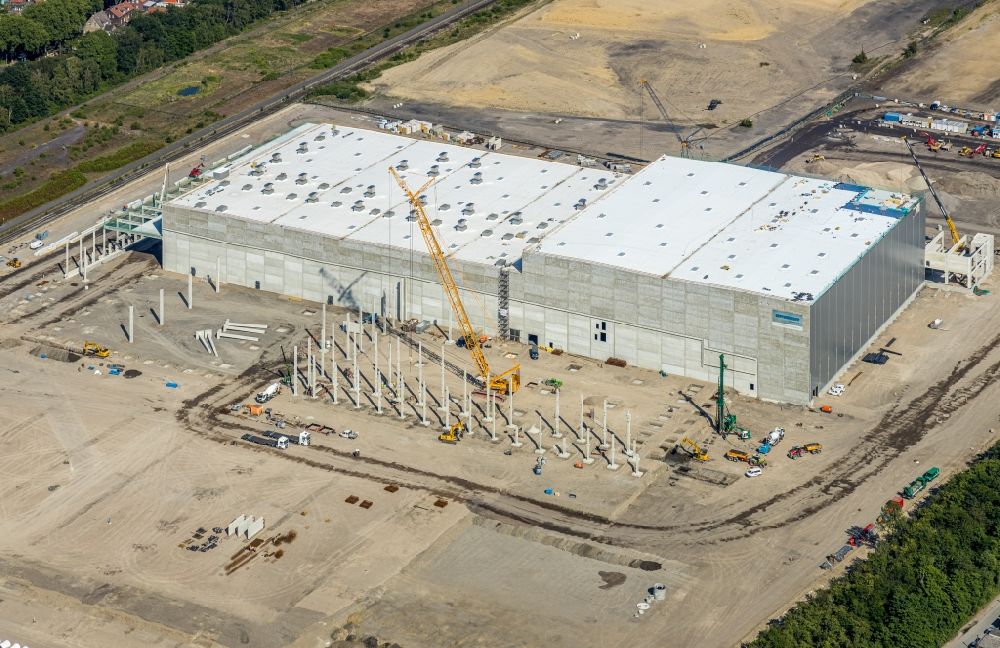 Aerial image Oberhausen - Construction site for a warehouse and forwarding building of Edeka-Zentrallager on Waldteichstrasse in Gewerbegebiet Weierheide in Oberhausen in the state North Rhine-Westphalia, Germany