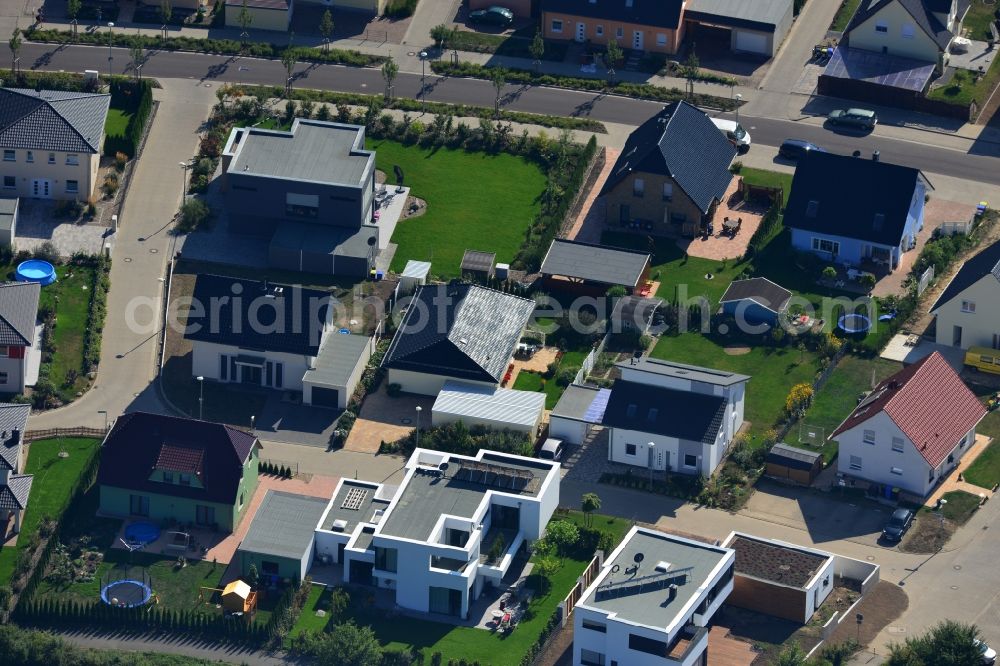 Magdeburg from above - View at the new built single family house settlement Am Birnengarten in the district Ottersleben in Magdeburg in the federal state Saxony-Anhalt. Responsible for the developement is the MAWOG Grundstücks GmbH