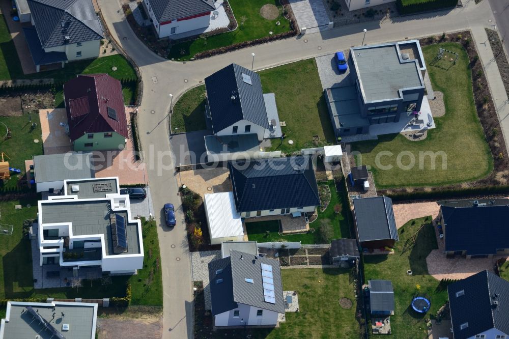 Aerial image Magdeburg - View at the new built single family house settlement Am Birnengarten in the district Ottersleben in Magdeburg in the federal state Saxony-Anhalt. Responsible for the developement is the MAWOG Grundstücks GmbH