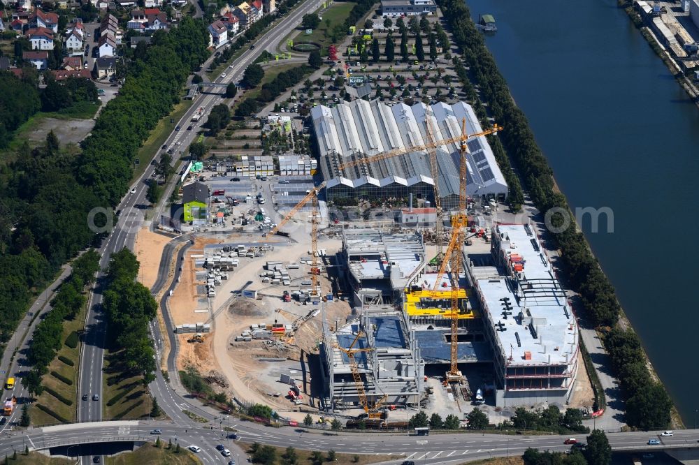 Aerial photograph Heilbronn - Construction of the building store - furniture market Moebel 1. Moebel Rieger GmbH & Co. KG Im Neckargarten in Heilbronn in the state Baden-Wurttemberg, Germany