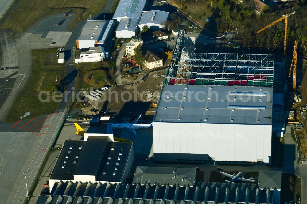 Dresden from the bird's eye view: Construction site for an aircraft maintenance hangar on Flughafen Dresden in the district Klotzsche in Dresden in the state Saxony, Germany