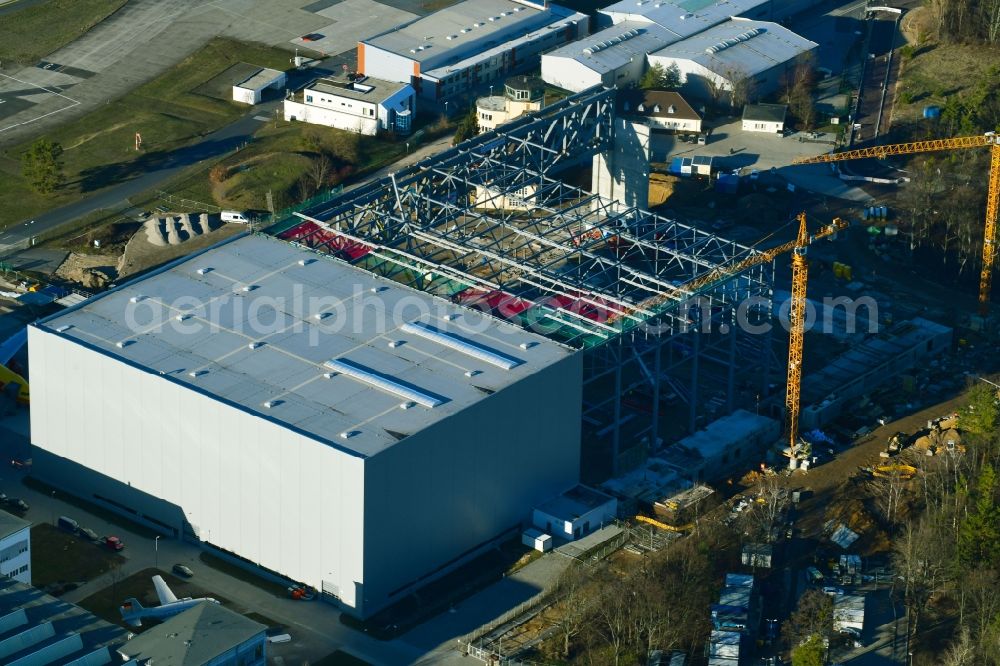 Dresden from above - Construction site for an aircraft maintenance hangar on Flughafen Dresden in the district Klotzsche in Dresden in the state Saxony, Germany