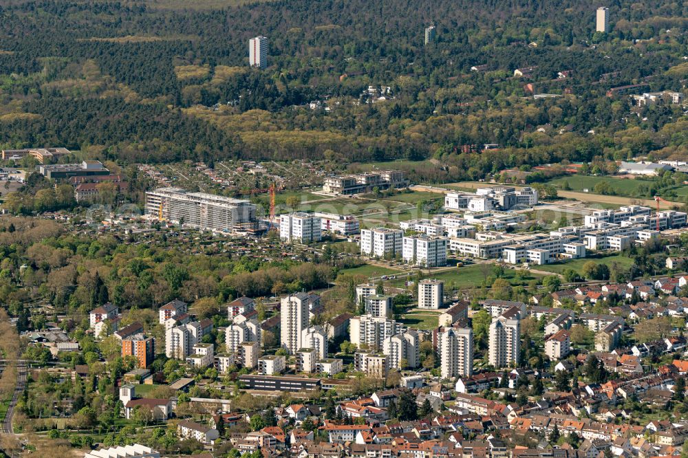 Karlsruhe from the bird's eye view: Construction site of research building and office complexes in the Technologiepark, Freie Duale Fachakademie, Elementi Kinderhaus und School in the Technido at the street Konrad-Zuse-Strasse in the district Rintheim in Karlsruhe in the state Baden-Wurttemberg, Germany