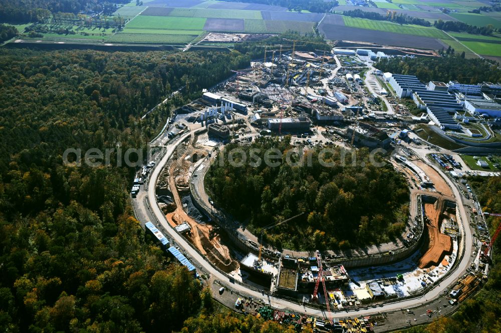 Aerial photograph Darmstadt - Construction site for the new building of a research building and office complex Beschleunigerzentrum FAIR in the district Wixhausen in Darmstadt in the state Hesse, Germany