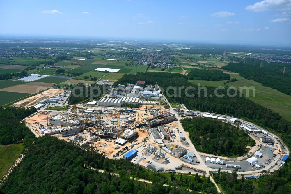 Darmstadt from above - Construction site for the new building of a research building and office complex Beschleunigerzentrum FAIR in the district Wixhausen in Darmstadt in the state Hesse, Germany