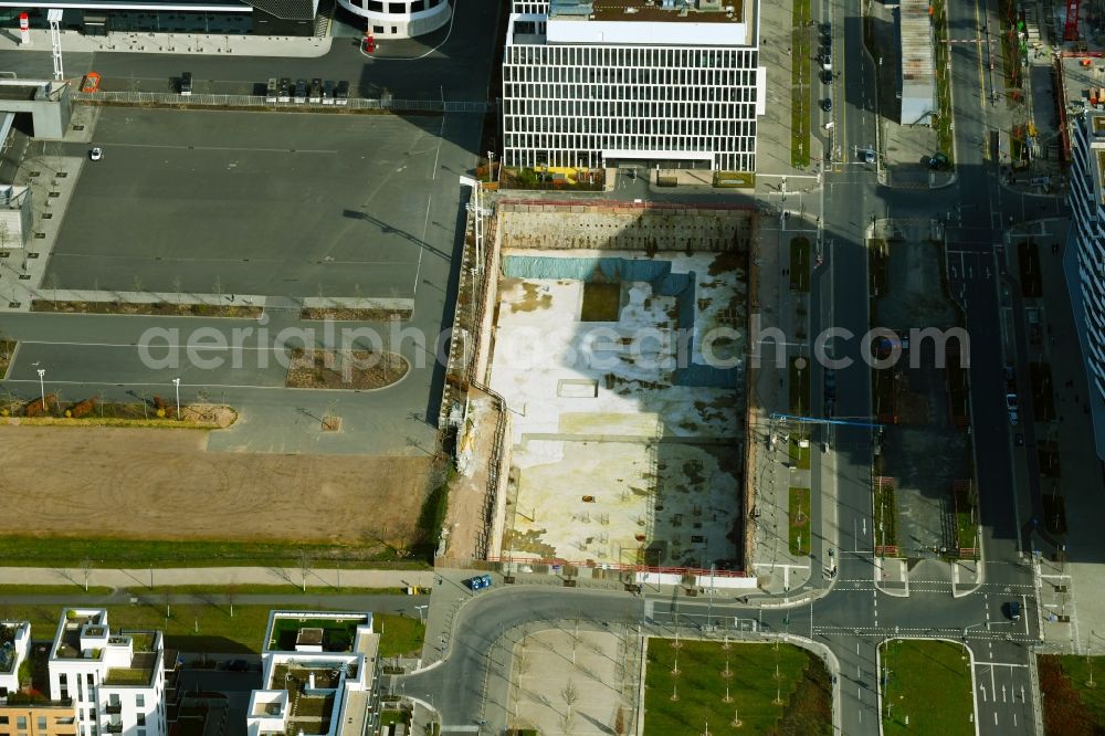 Aerial image Frankfurt am Main - Construction site of the publishing complex of the press and media - Ecke Europapark in the district Gallus in Frankfurt in the state Hesse, Germany