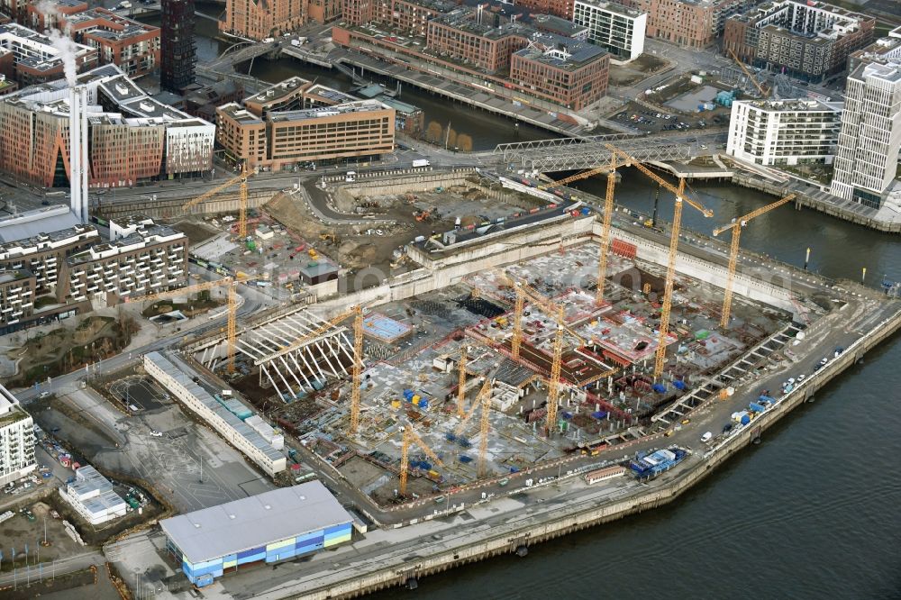 Aerial image Hamburg - Construction site for the new building complex of the shopping center at Ueberseequartier at Chicagokai - Osakaallee in the area of the former Grasbrooks in the Hafencity district in Hamburg, Germany