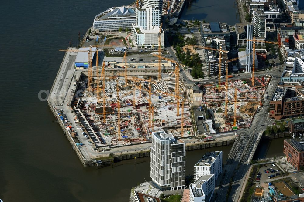 Hamburg from above - Construction site for the new building complex of the shopping center at Ueberseequartier at Chicagokai - Ueberseeallee in the Hafencity district in Hamburg, Germany
