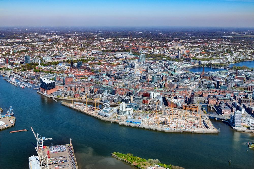 Aerial image Hamburg - Construction site for the new building complex of the shopping center at Ueberseequartier at Chicagokai - Ueberseeallee in the Hafencity district in Hamburg, Germany