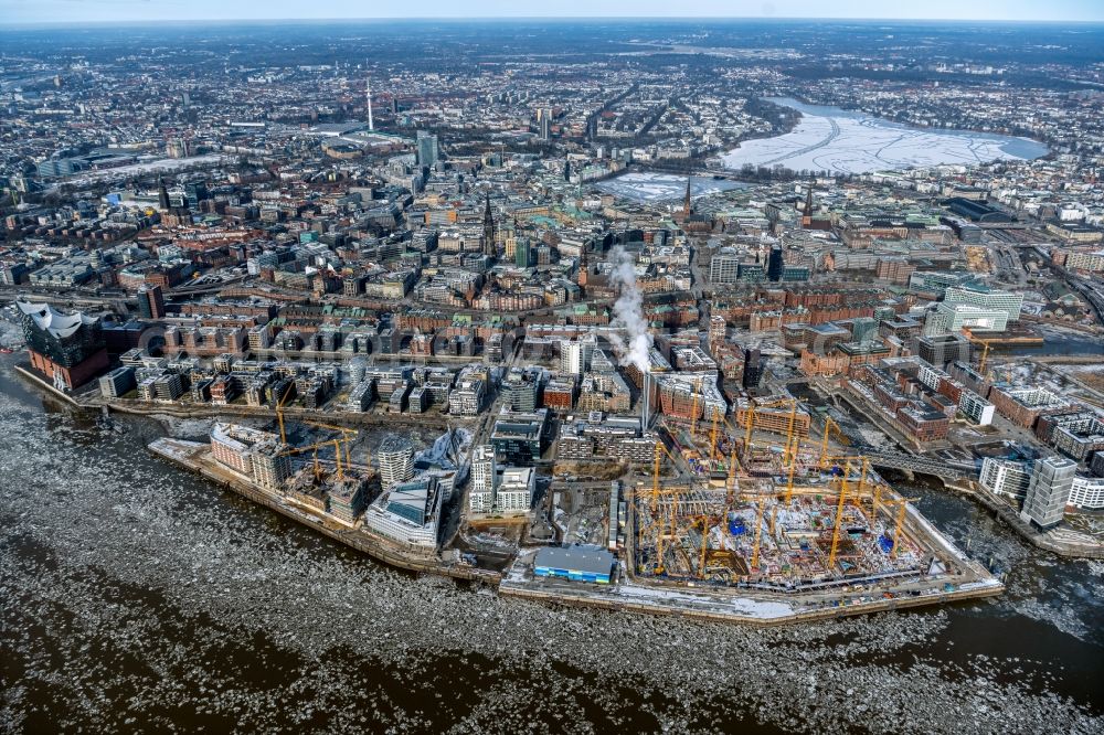 Aerial photograph Hamburg - Construction site for the new building complex of the shopping center at Ueberseequartier at Chicagokai - Osakaallee in the area of the former Grasbrooks in the Hafencity district in Hamburg, Germany