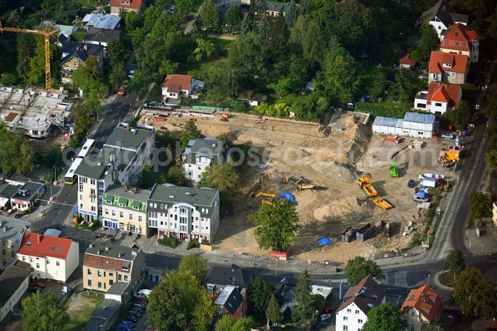 Berlin from above - New construction of the building complex of the shopping center Giesestrasse corner Hoenoer Strasse in the district Mahlsdorf in Berlin, Germany