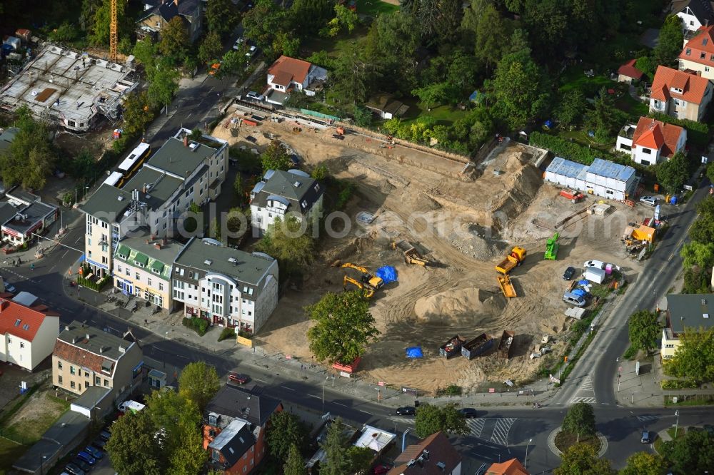 Aerial image Berlin - New construction of the building complex of the shopping center Giesestrasse corner Hoenoer Strasse in the district Mahlsdorf in Berlin, Germany
