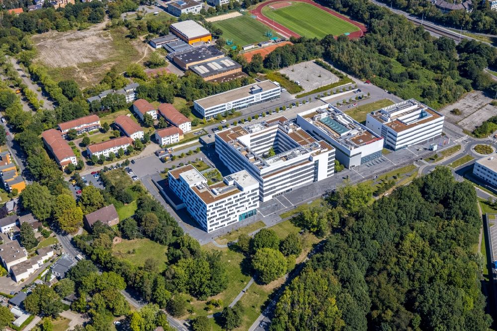 Bochum from above - Complex of the university Hochschule fuer Gesundheit on the Gesundheitscampus in Bochum in the state North Rhine-Westphalia, Germany
