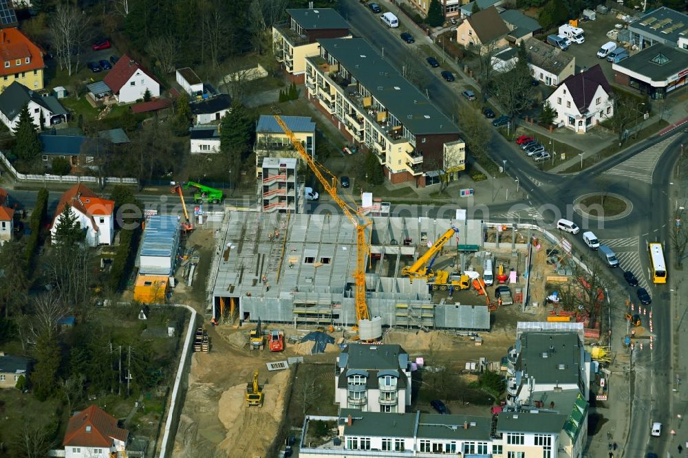 Berlin from above - New construction of the building complex of the LIDL - shopping center on street Giesestrasse corner Hoenoer Strasse in the district Mahlsdorf in Berlin, Germany