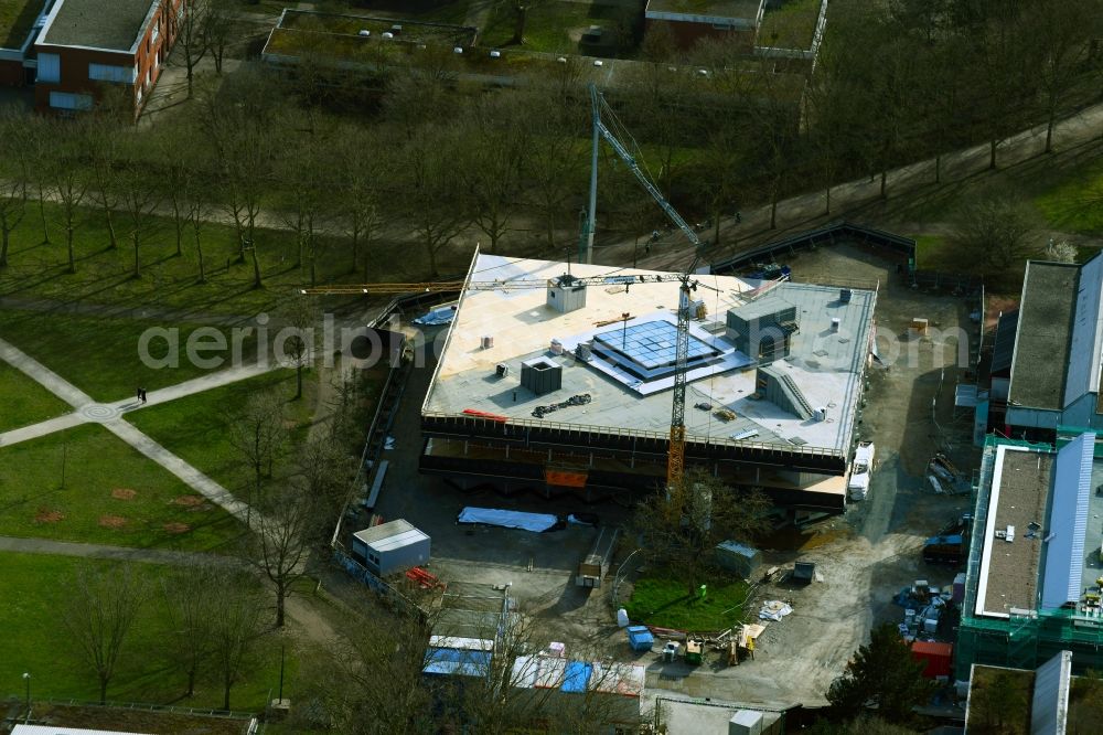Darmstadt from the bird's eye view: Construction site for the new building complex for the cafeteria and media center at the vocational school center north in Darmstadt in the state Hesse, Germany