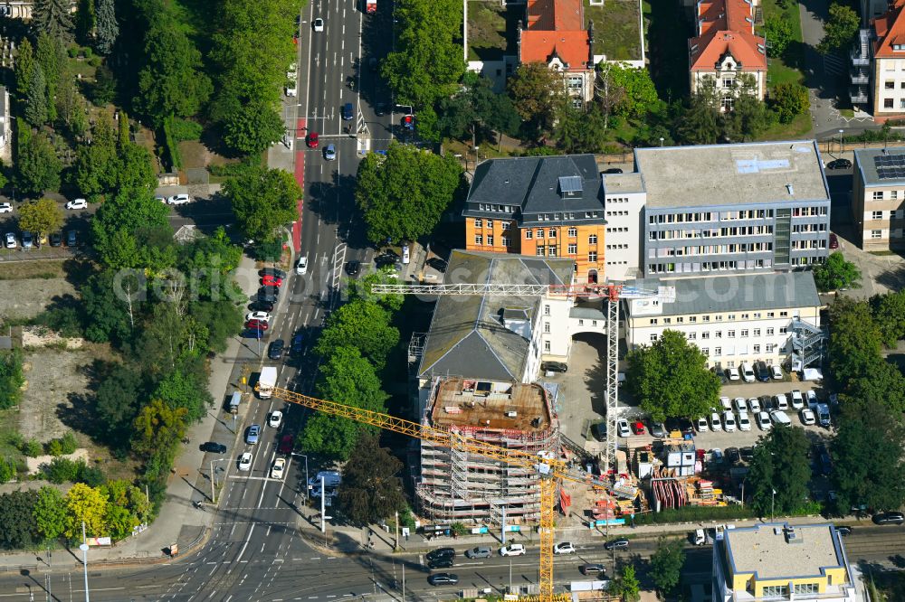 Dresden from the bird's eye view: Construction site for the construction of a new building for the Orthopaedie- und Rehatechnik Dresden GmbH on Fetscherstrasse - Blasewitzer Strasse in the district Johannstadt in Dresden in the state Saxony, Germany