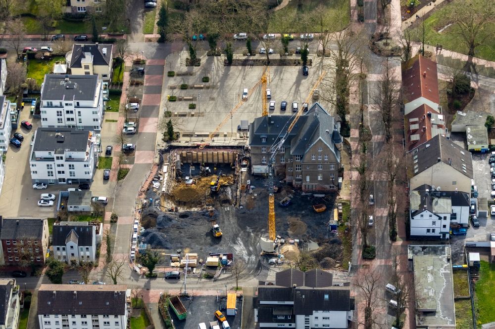Aerial photograph Holzwickede - Construction site of Town Hall building of the city administration as a building extension Am Markt - Poststrasse in the district Brackel in Holzwickede in the state North Rhine-Westphalia, Germany