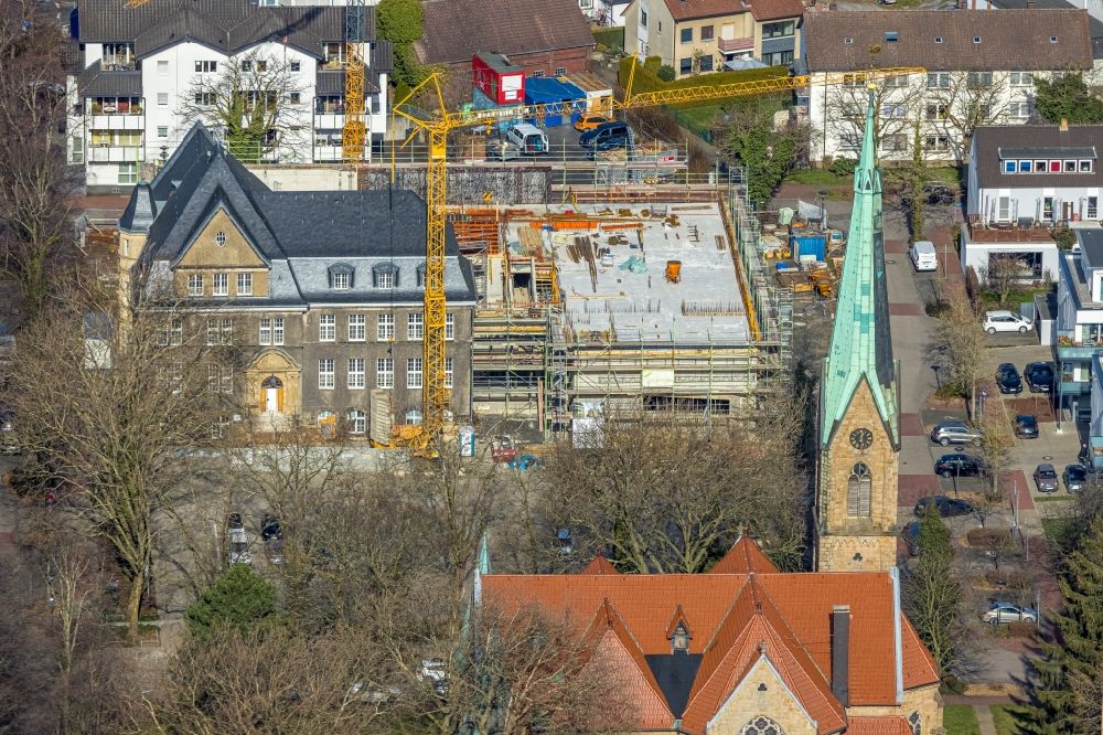Holzwickede from above - Construction site of Town Hall building of the city administration as a building extension Am Markt - Poststrasse in the district Brackel in Holzwickede in the state North Rhine-Westphalia, Germany