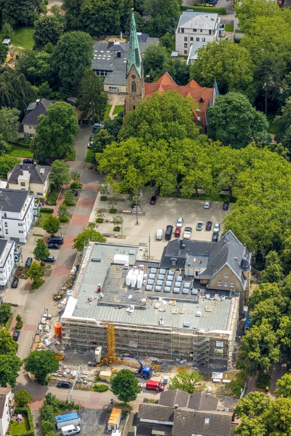 Aerial photograph Holzwickede - Construction site of Town Hall building of the city administration as a building extension Am Markt - Poststrasse in the district Brackel in Holzwickede at Ruhrgebiet in the state North Rhine-Westphalia, Germany