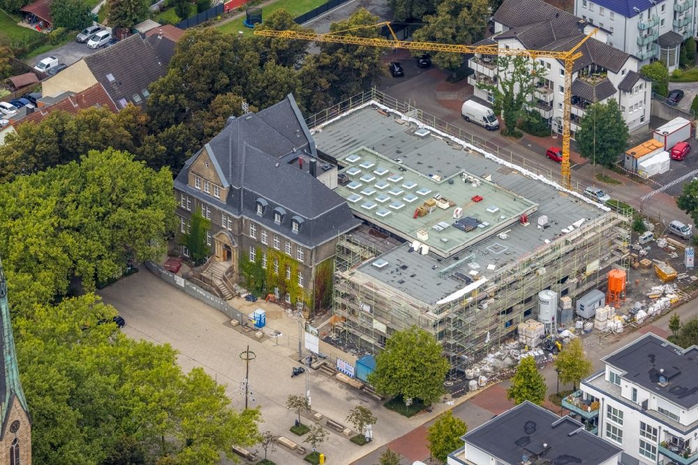 Aerial image Holzwickede - Construction site of Town Hall building of the city administration as a building extension Am Markt - Poststrasse in the district Brackel in Holzwickede at Ruhrgebiet in the state North Rhine-Westphalia, Germany