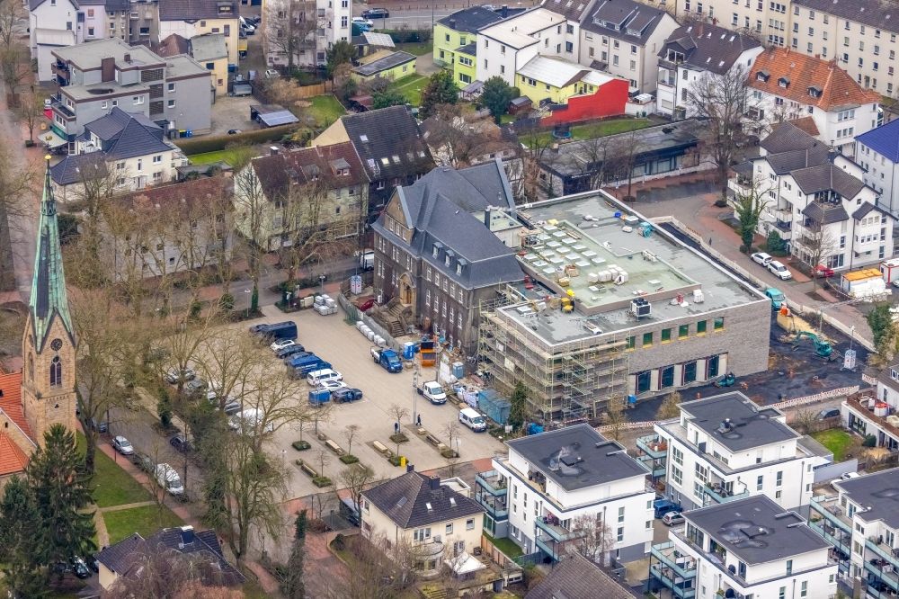 Aerial image Holzwickede - Construction site of Town Hall building of the city administration as a building extension Am Markt - Poststrasse in the district Brackel in Holzwickede in the state North Rhine-Westphalia, Germany