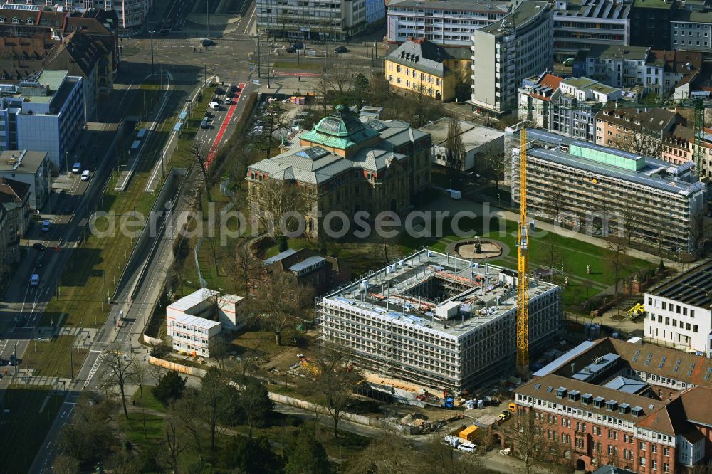 Karlsruhe from the bird's eye view: Construction site for the new construction of the east building as a court building complex of the Federal Court of Justice on Amalienstrasse - Ritterstrasse in Karlsruhe in the state Baden-Wuerttemberg, Germany
