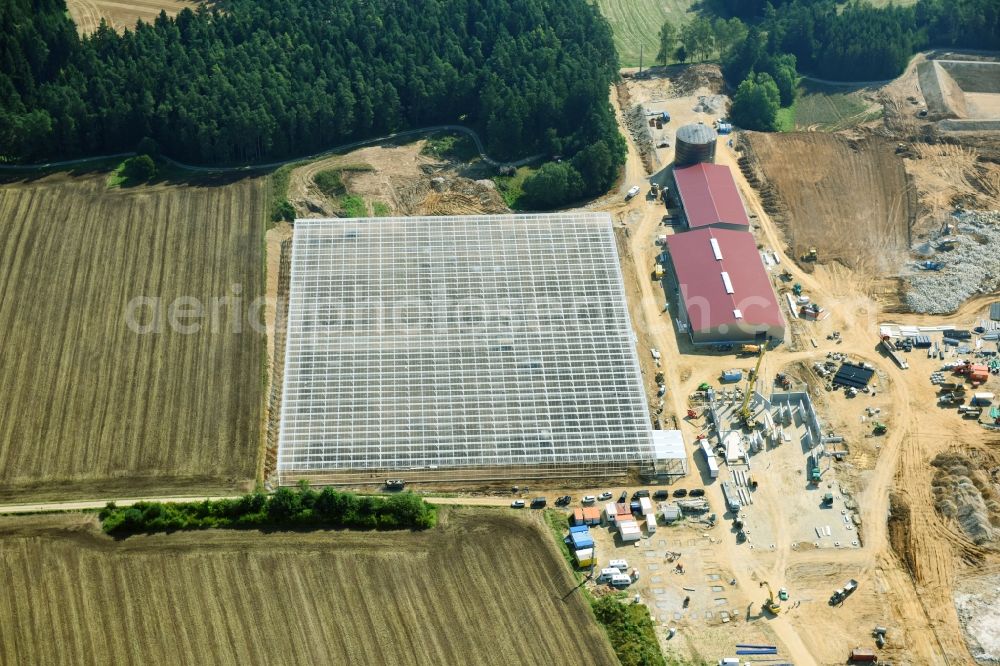 Feulersdorf from the bird's eye view: Construction site of greenhouses series of company Scherzer & Boss Fruchtgemuese GmbH in Feulersdorf in the state Bavaria, Germany