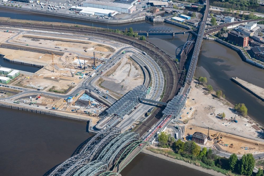Aerial image Hamburg - Construction site for the train stop Elbbruecken of the subway line 4 in Hamburg, Germany