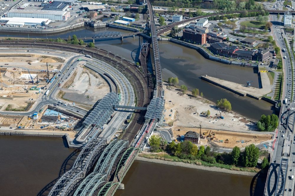 Aerial photograph Hamburg - Construction site for the train stop Elbbruecken of the subway line 4 in Hamburg, Germany