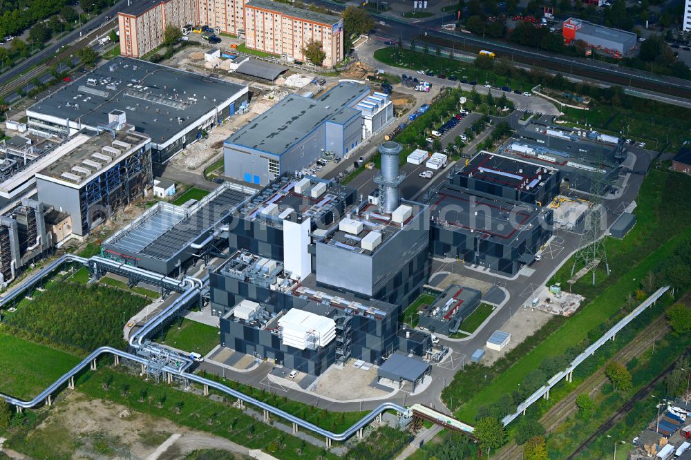 Berlin from above - Power plants and exhaust towers of thermal power station - Kraft-Waerme-Kopplungsanlage on Rhinstrasse in the district Marzahn in Berlin, Germany