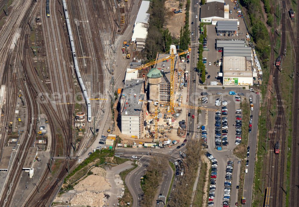 Aerial image Karlsruhe - New construction high-rise construction site the hotel complex Buerotel on Wasserturm on street Fautenbruchstrasse in the district Suedstadt in Karlsruhe in the state Baden-Wuerttemberg, Germany