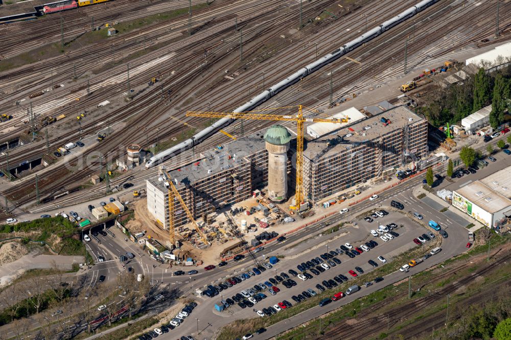 Aerial photograph Karlsruhe - New construction high-rise construction site the hotel complex Buerotel on Wasserturm on street Fautenbruchstrasse in the district Suedstadt in Karlsruhe in the state Baden-Wuerttemberg, Germany