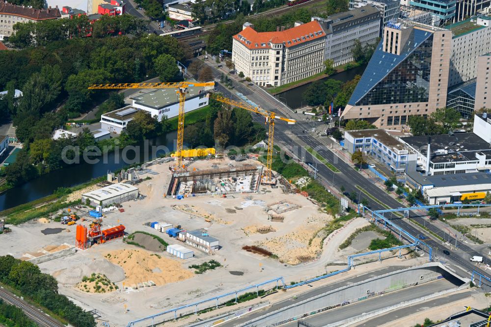 Aerial image Berlin - New construction high-rise construction site the hotel complex Estrel Tower on street Sonnenallee in the district Neukoelln in Berlin, Germany