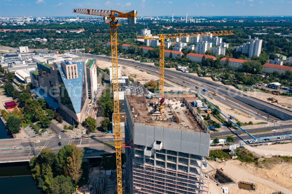 Berlin from above - New construction high-rise construction site the hotel complex Estrel Tower on street Sonnenallee in the district Neukoelln in Berlin, Germany