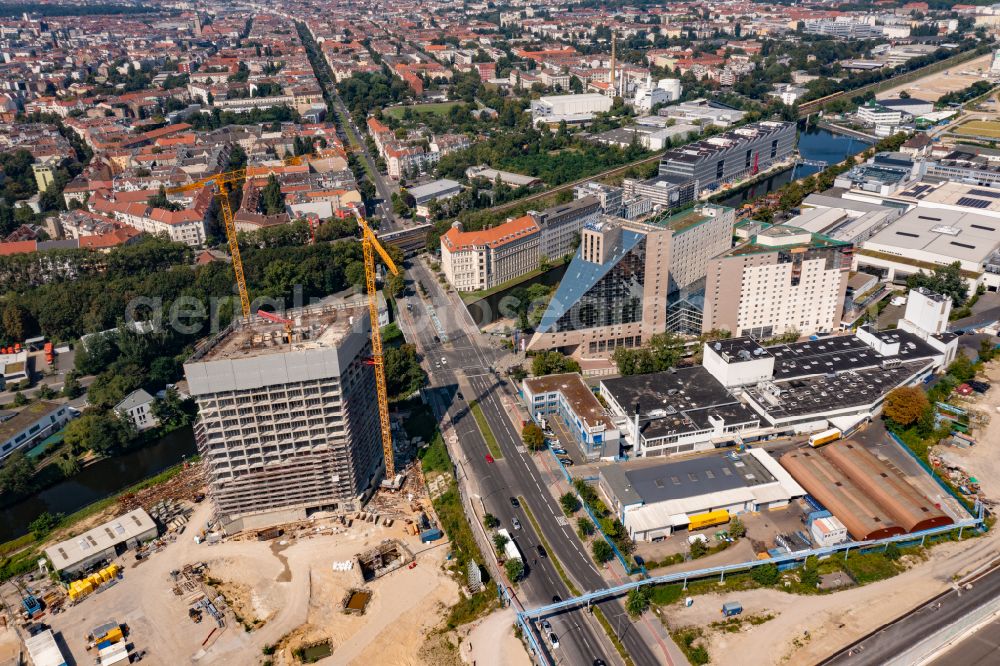 Aerial image Berlin - New construction high-rise construction site the hotel complex Estrel Tower on street Sonnenallee in the district Neukoelln in Berlin, Germany