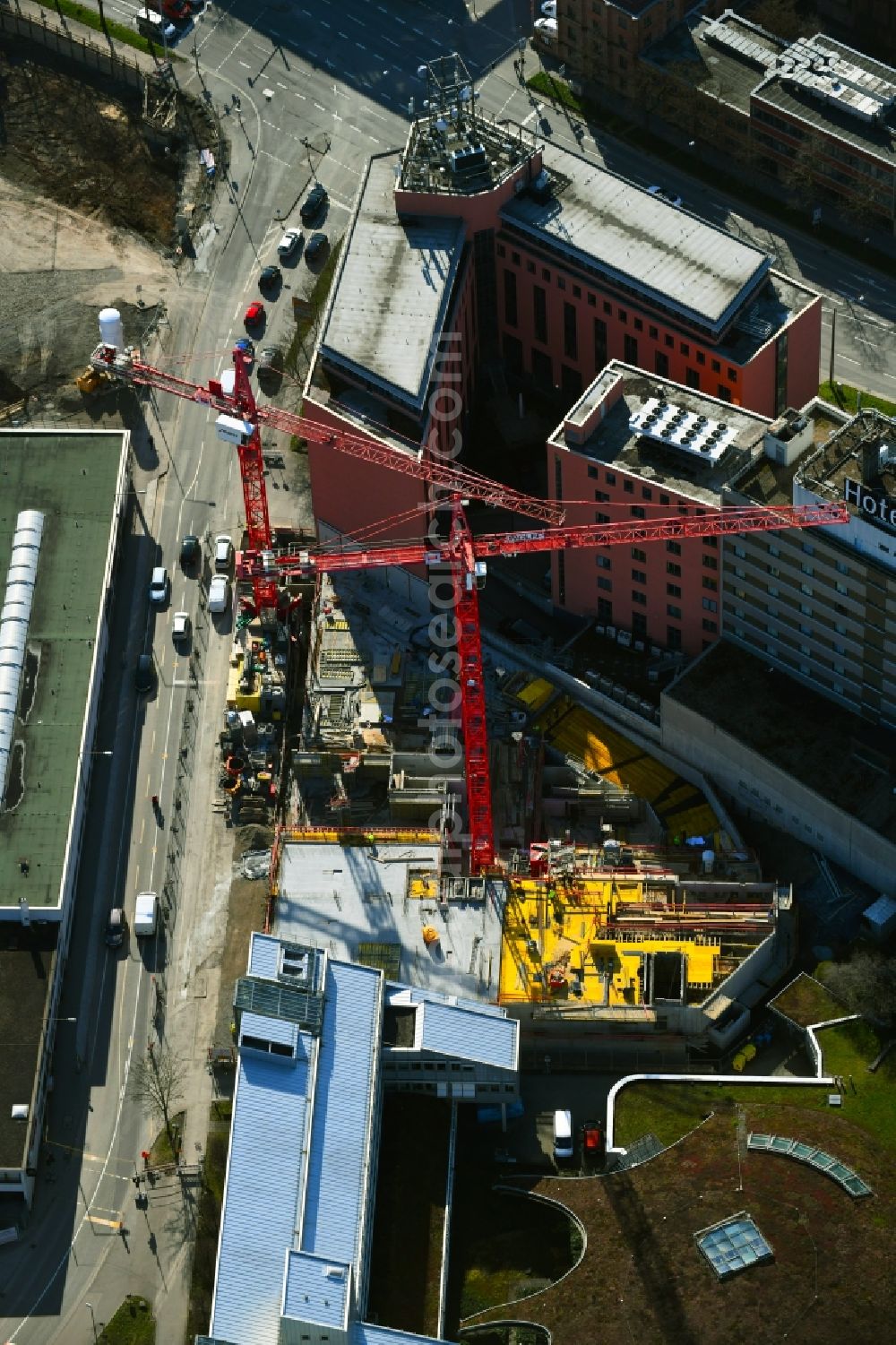 Aerial image Stuttgart - New construction high-rise construction site the hotel complex on Leitzstrasse in the district Feuerbach-Ost in Stuttgart in the state Baden-Wurttemberg, Germany