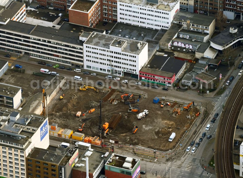 Aerial image Hamburg - New construction high-rise construction site the hotel complex the niu on Nordkanalstrasse - Wandalenweg in the district Hammerbrook in Hamburg, Germany