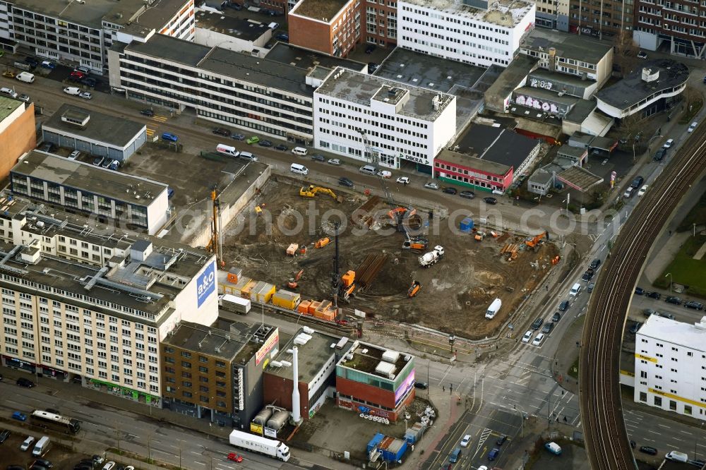 Aerial image Hamburg - New construction high-rise construction site the hotel complex the niu on Nordkanalstrasse - Wandalenweg in the district Hammerbrook in Hamburg, Germany