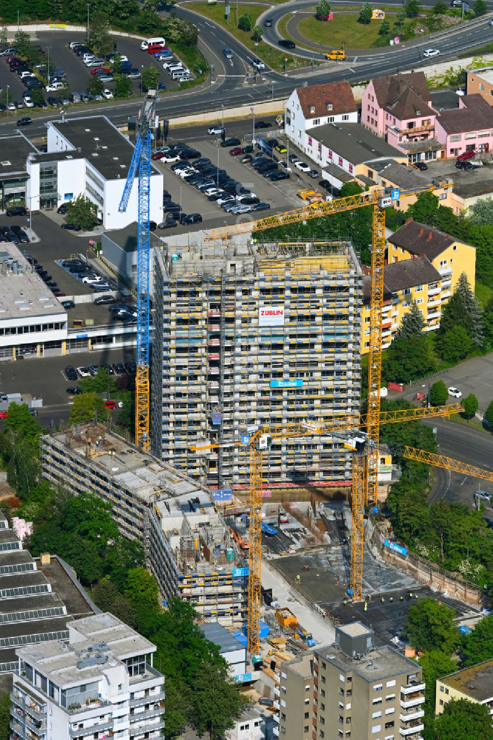 Würzburg from the bird's eye view: Construction site for the new construction of the residential high-rise building Lichtblick on street Friedrich-Spee-Strasse in the district Sanderau in Wuerzburg in the state Bavaria, Germany