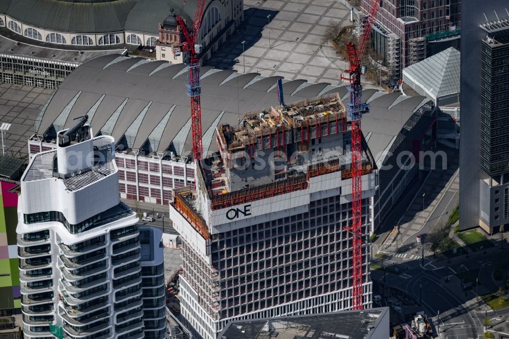 Frankfurt am Main from the bird's eye view: Construction site for new high-rise building complex Tower One in the district Gallus in Frankfurt in the state Hesse, Germany