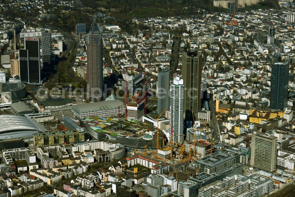 Aerial image Frankfurt am Main - Construction site for new high-rise building complex The Spin before GRAND TOWER on Mainzer Landstrasse - Gueterplatz and in the background the new building of the ONE tower - formerly Tower One in the district Gallus in Frankfurt in the state Hesse, Germany
